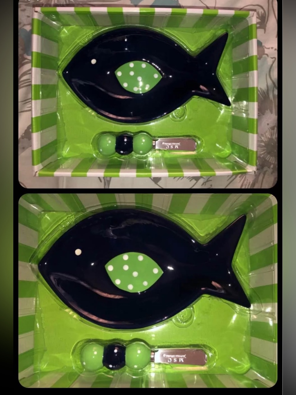 MSC MAINSTREET collection Fish Ceramic Dip Dish and Spreader - Navy blue / Green